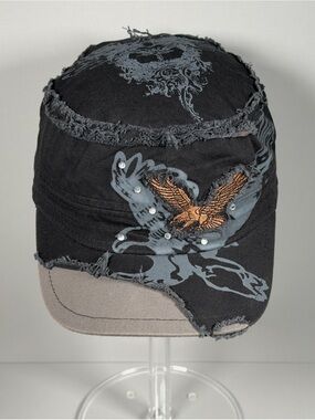 New Star Distressed Cadet Hat Military Cap Y2K Rhinestone Eagle Crest Black OSFA